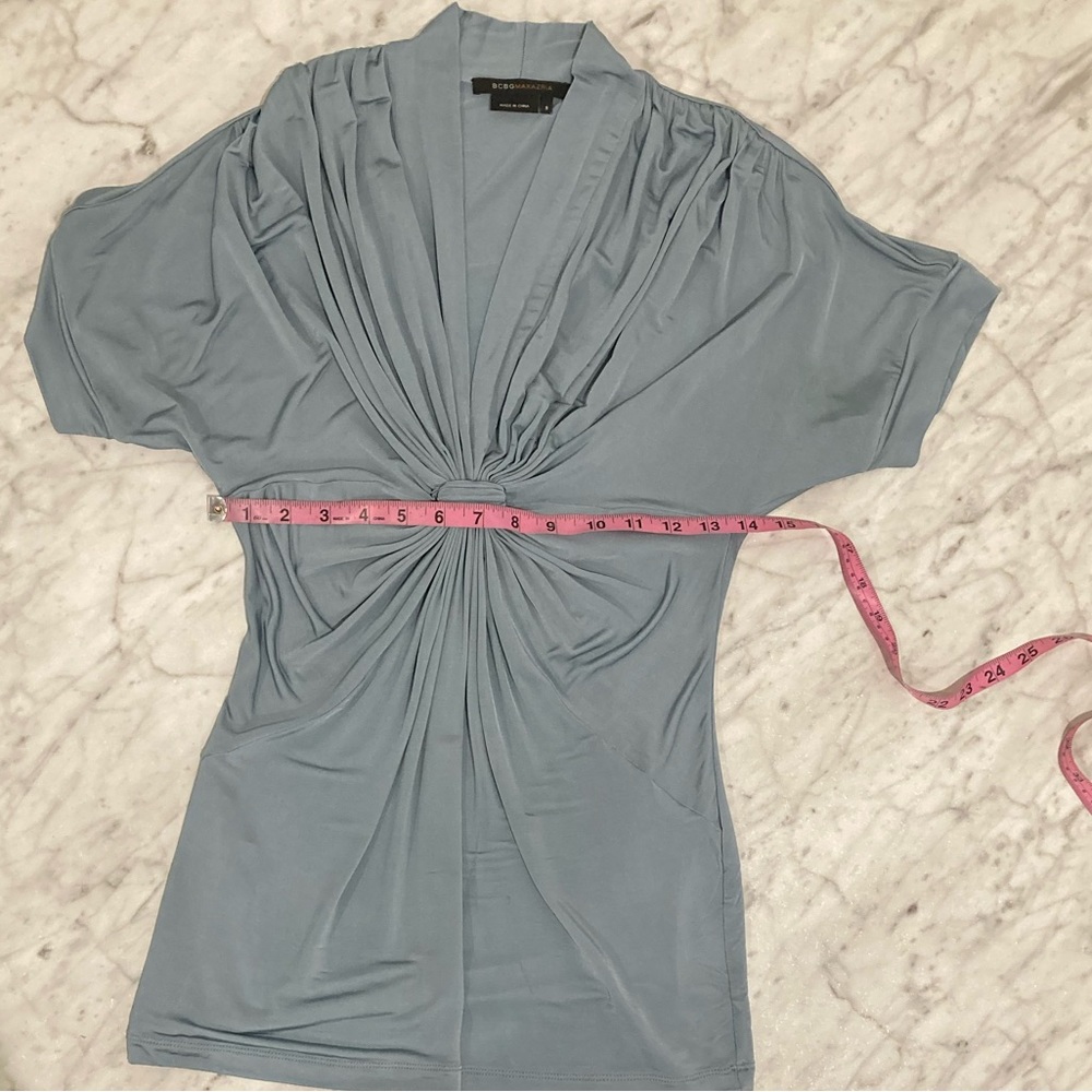 BCBG Maxazria ladies short sleeve dressy silky blouse ruched v neck sky blue S - Picture 11 of 13